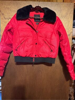 Armani Exchange Red Bomber Jacket with Black Faux Fur Collar Size XS